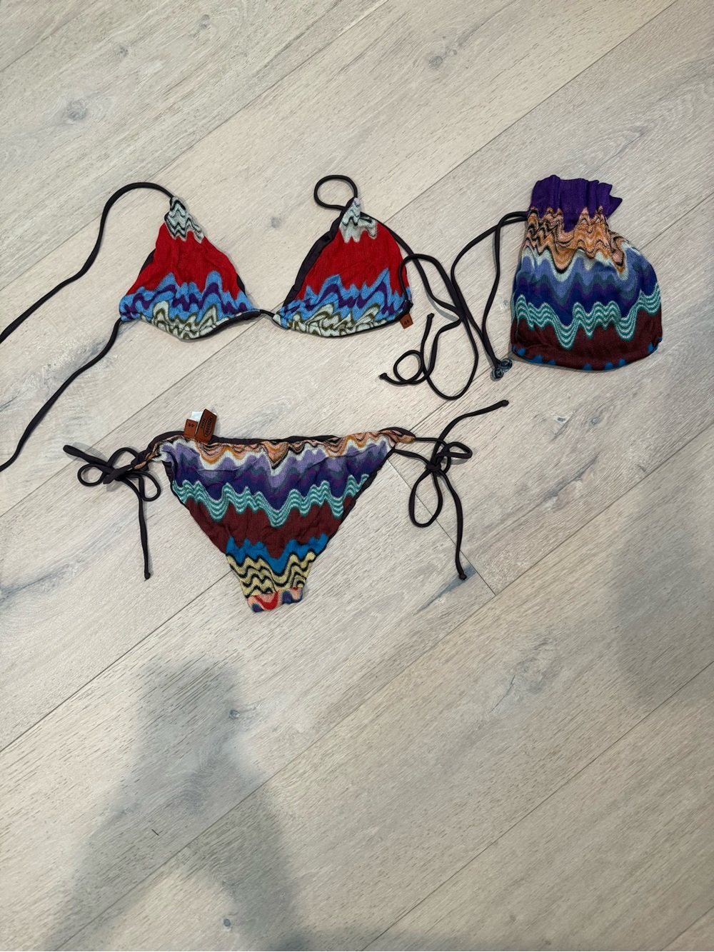 Missoni Multicolor Wave-Print Triangle Bikini with Drawstring Pouch
